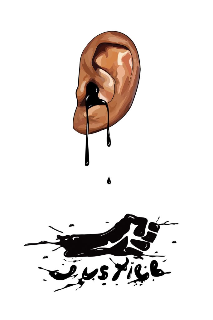 Illustration of blood dripping from an ear, forming a fist and the world justice