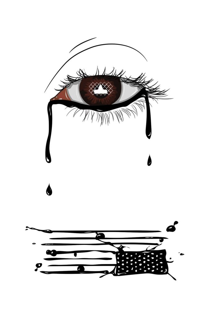 Illustration of the capitol reflected in a crying eye. Tears form an American flag