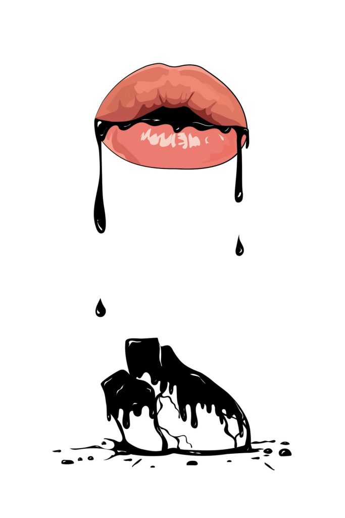 Illustration of blood dripping from a mouth onto a heart.